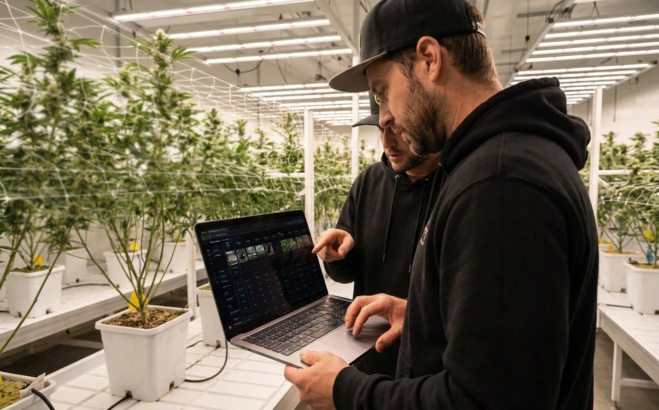 2 men looking at a laptop in an indoor grow room