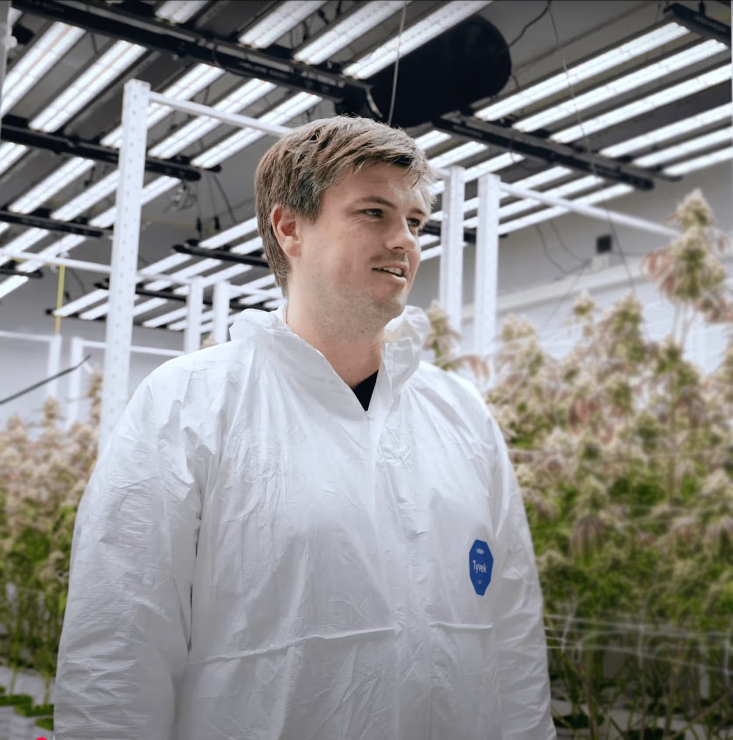 Person wearing a white jacket with a blue logo in an indoor farming setting